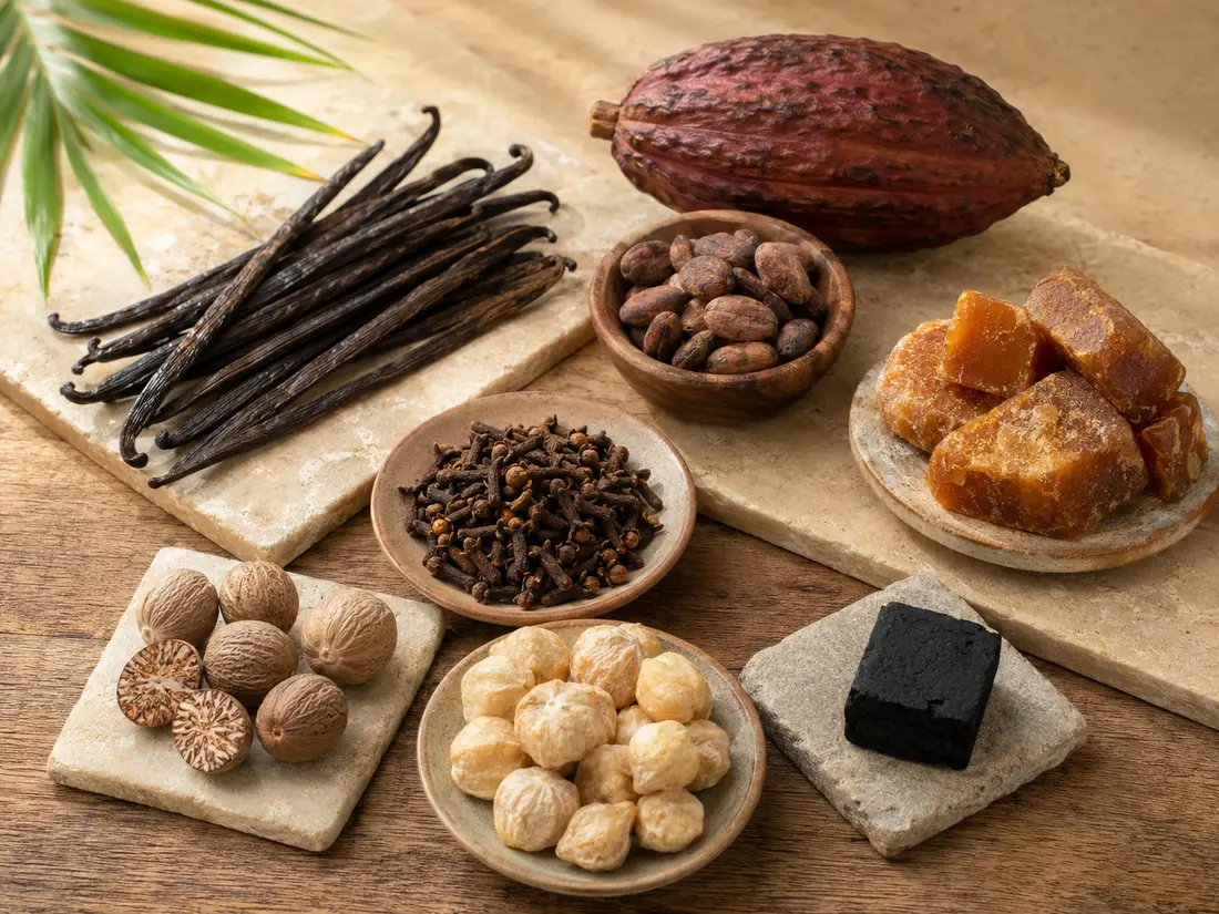 Vanilla, cocoa, spices, palm sugar, and charcoal briquette